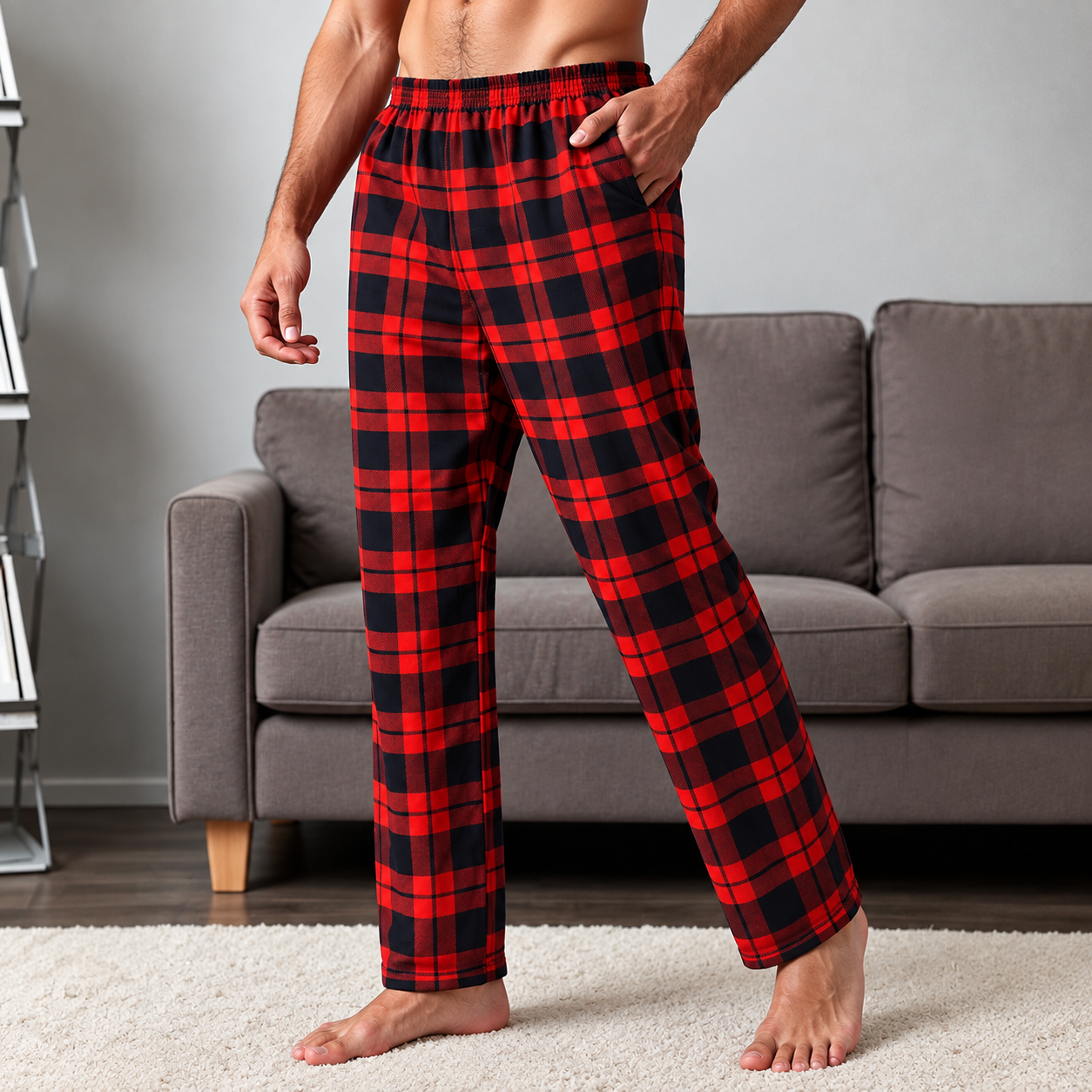 3 Pieces Plaid Pattern Straight Length Pajama Pants For Men