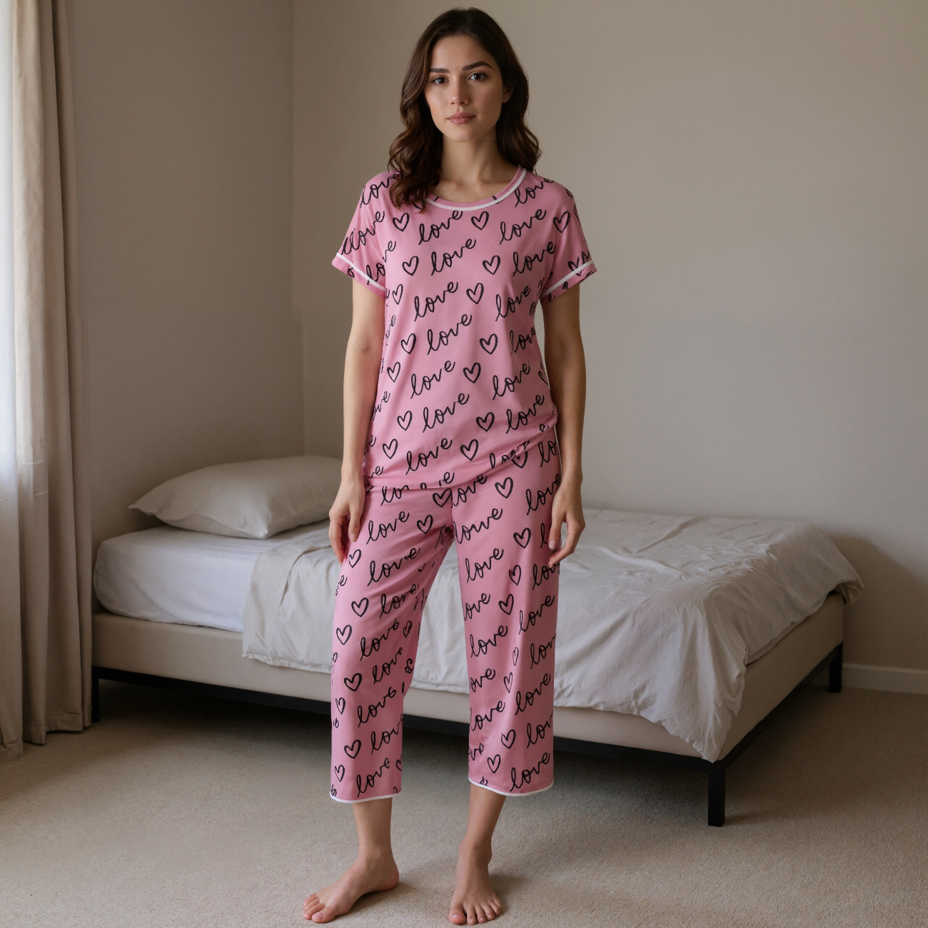 Printed Capri Sleepwear With Short Sleeve Top
