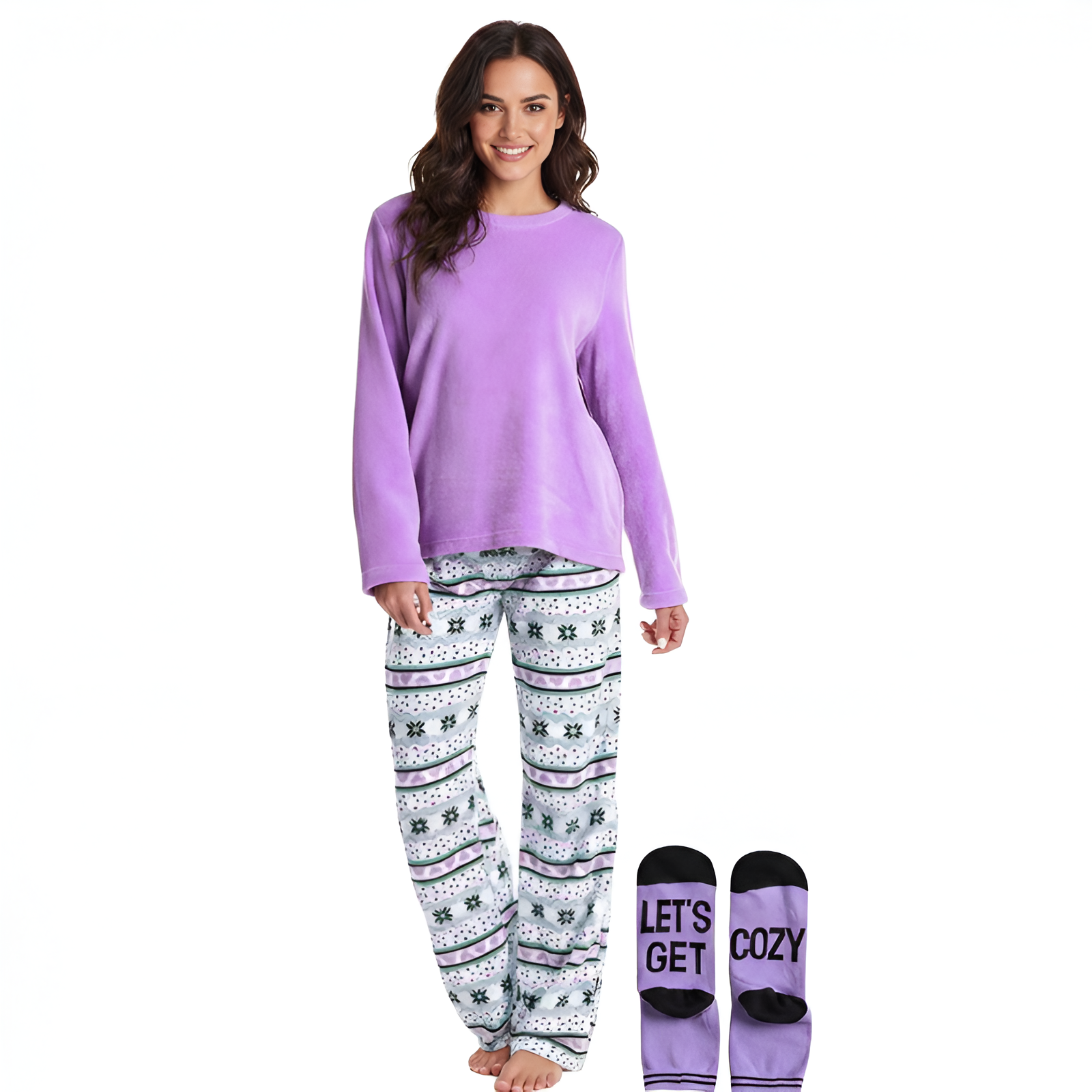 Long Sleeve Pajama Set With Pants And Matching Socks For Women