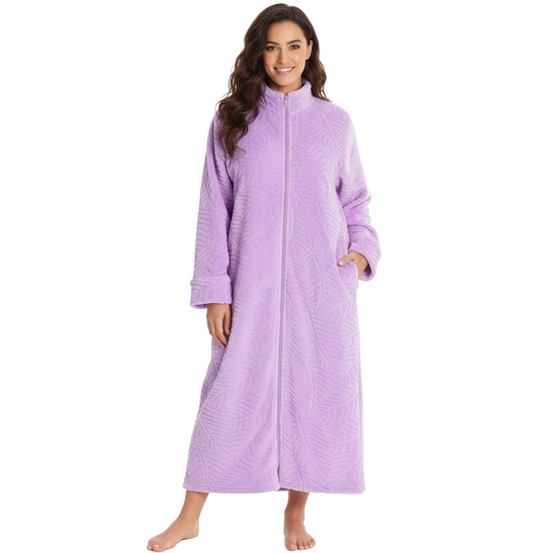 Plush Front Zipper Robe For Women
