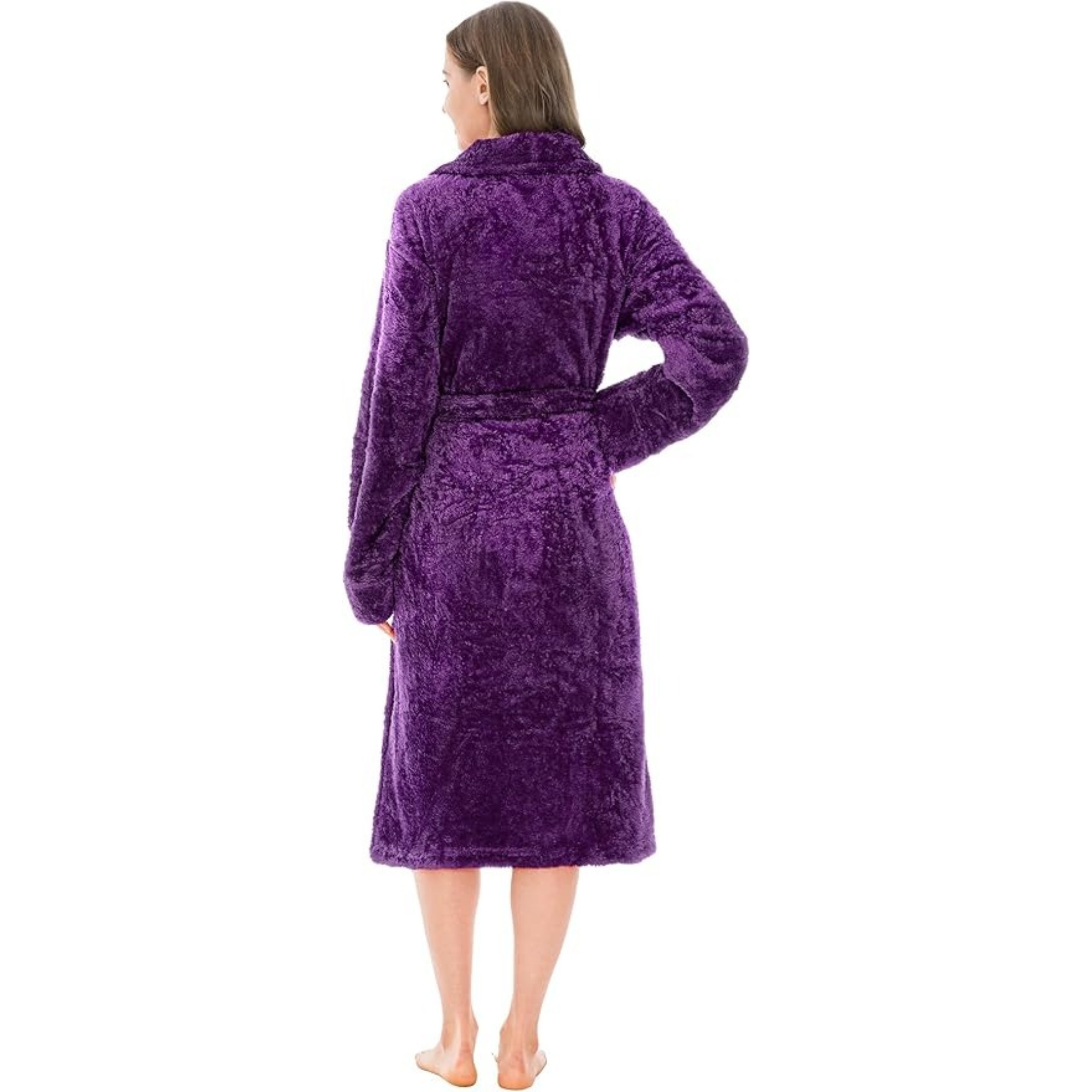 Plush Fleece Sherpa Style Long Bath Robe With Side Pockets For Women
