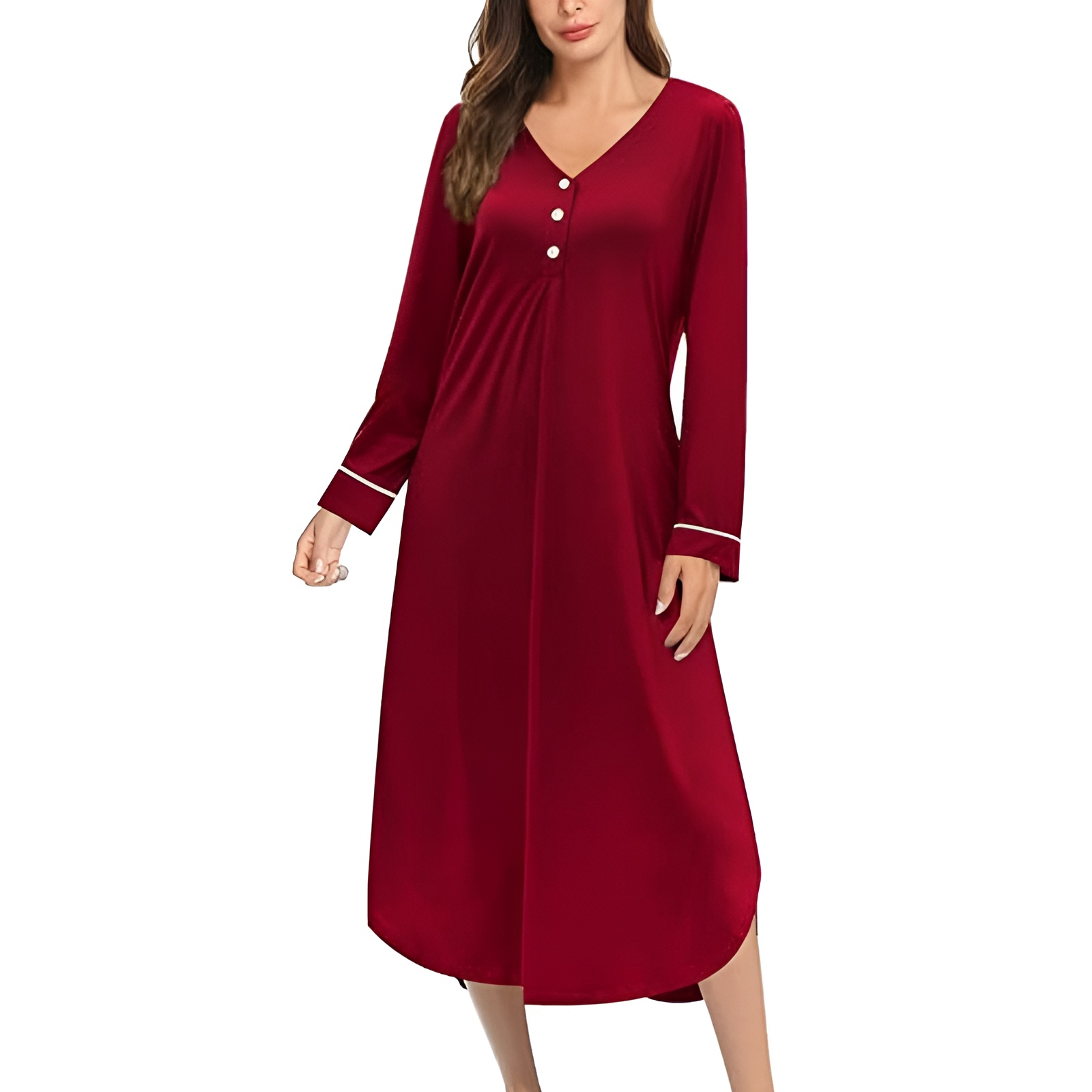 Classic Nightgown With Long Sleeve Button Down Design For Women