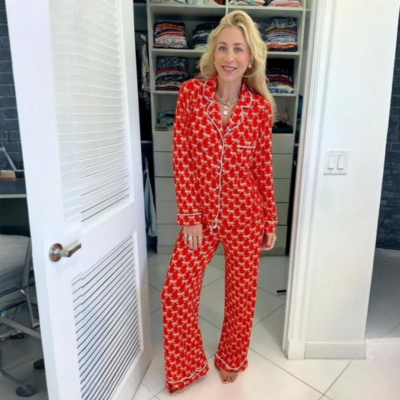 Red Bow Wide Leg Pajama Set For Women