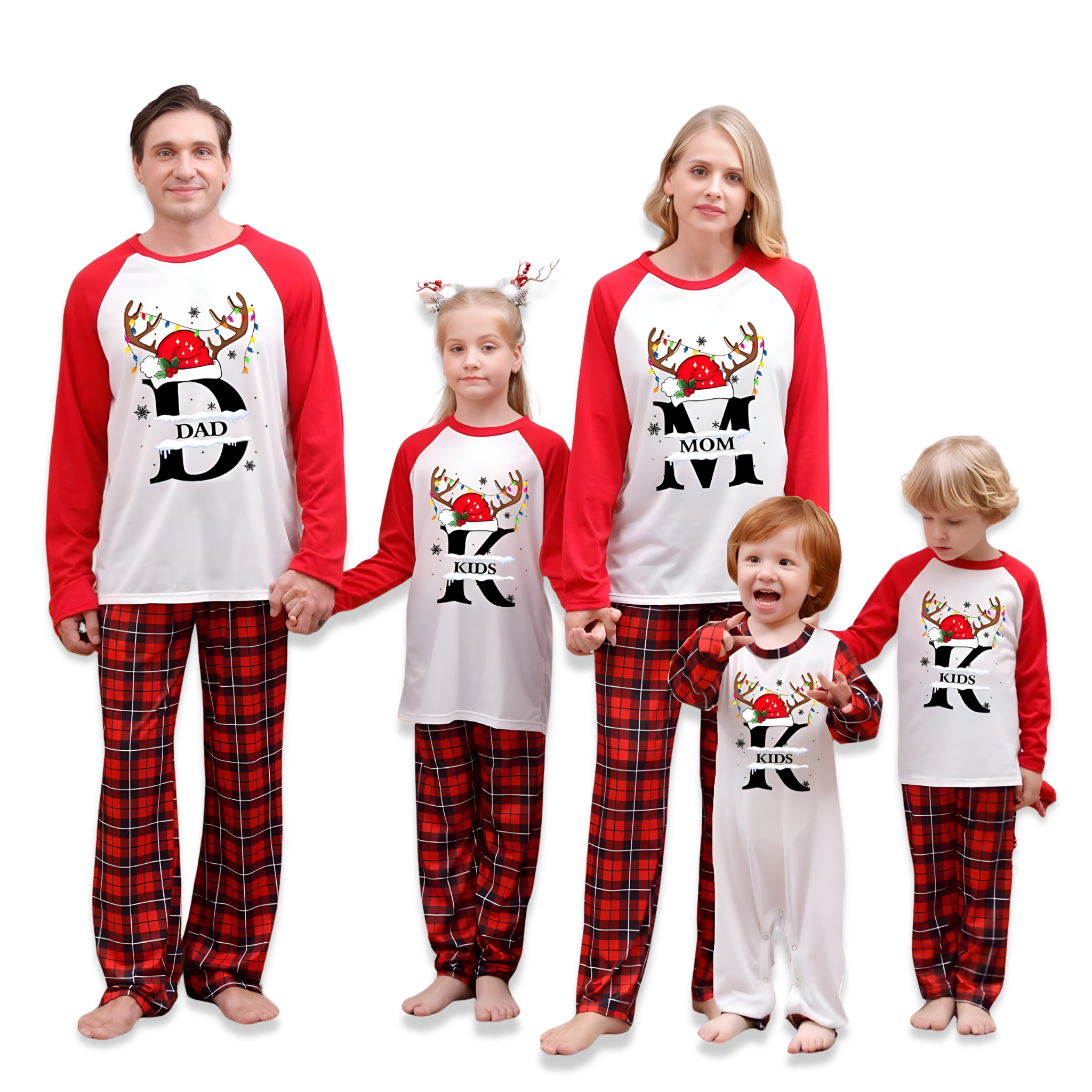 Red Plaid Pants and Reindeer Print Tops Family Matching Pajama Sets