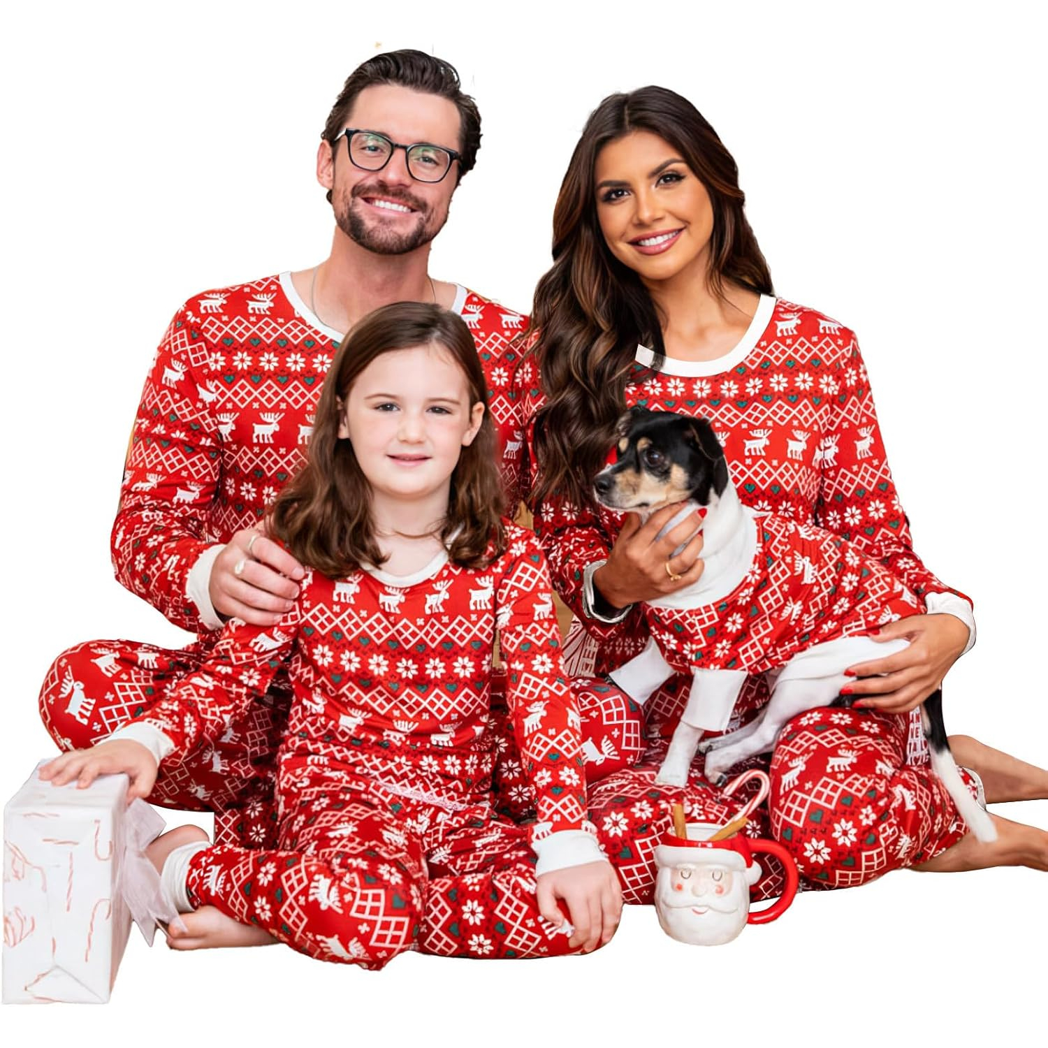 Red Reindeer Design Matching Family Christmas Pajamas With Long Sleeve Tops And Loungewear