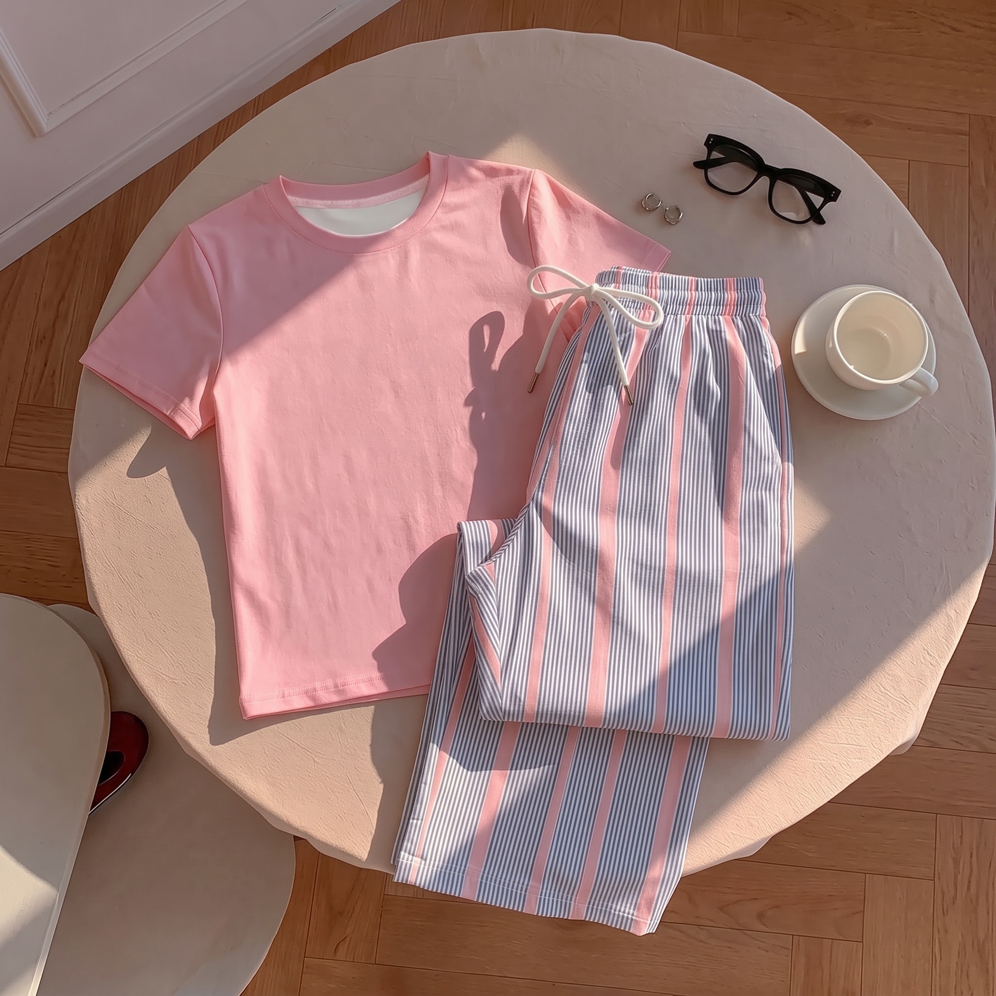 Striped Print Short Sleeve Top and Pants 2 Piece Vacation Set for Women