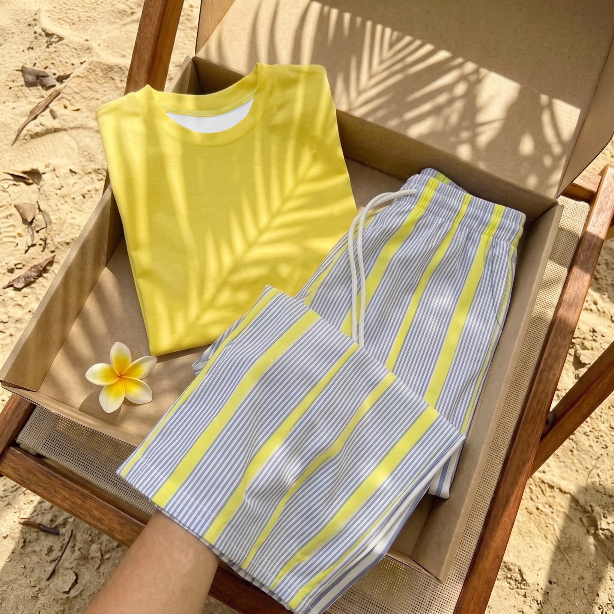 Striped Print Short Sleeve Top and Pants 2 Piece Vacation Set for Women