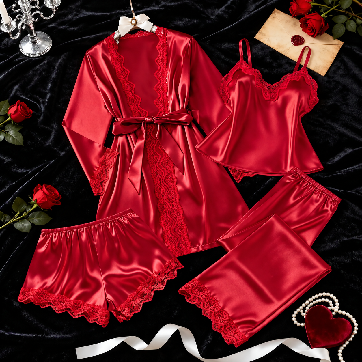 4 Piece Lace Trim Sleepwear Set with Robe Halter Top Shorts and Pants for Women
