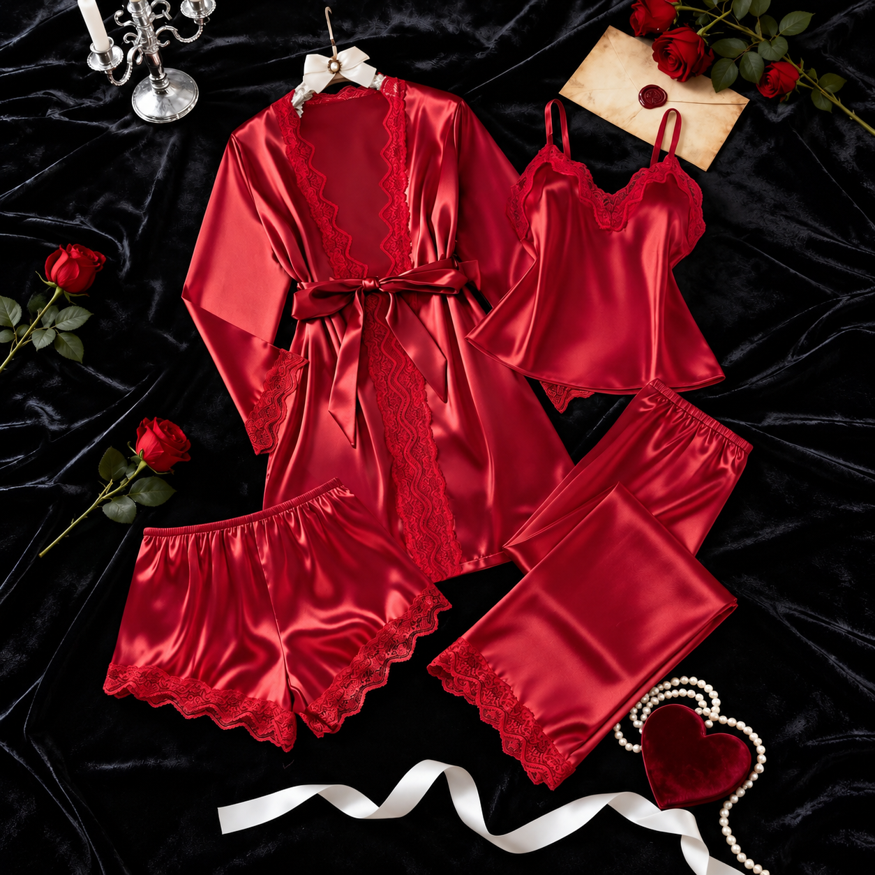 4 Pieces Long Sleeve Robe Pajama Set For Women
