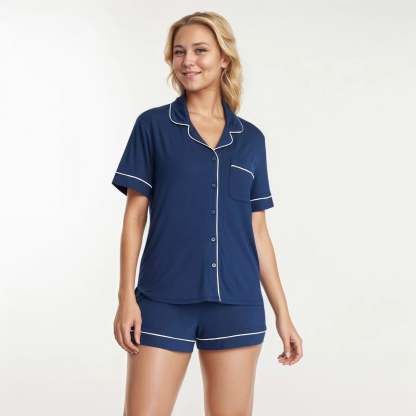 Women's Cloud Knit Short Sleeve Notch Collar Shirt And Shorts Pajama Set