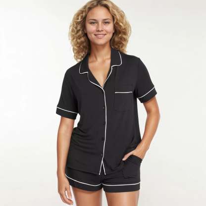 Women's Cloud Knit Short Sleeve Notch Collar Shirt And Shorts Pajama Set