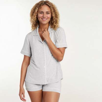 Women's Cloud Knit Short Sleeve Notch Collar Shirt And Shorts Pajama Set