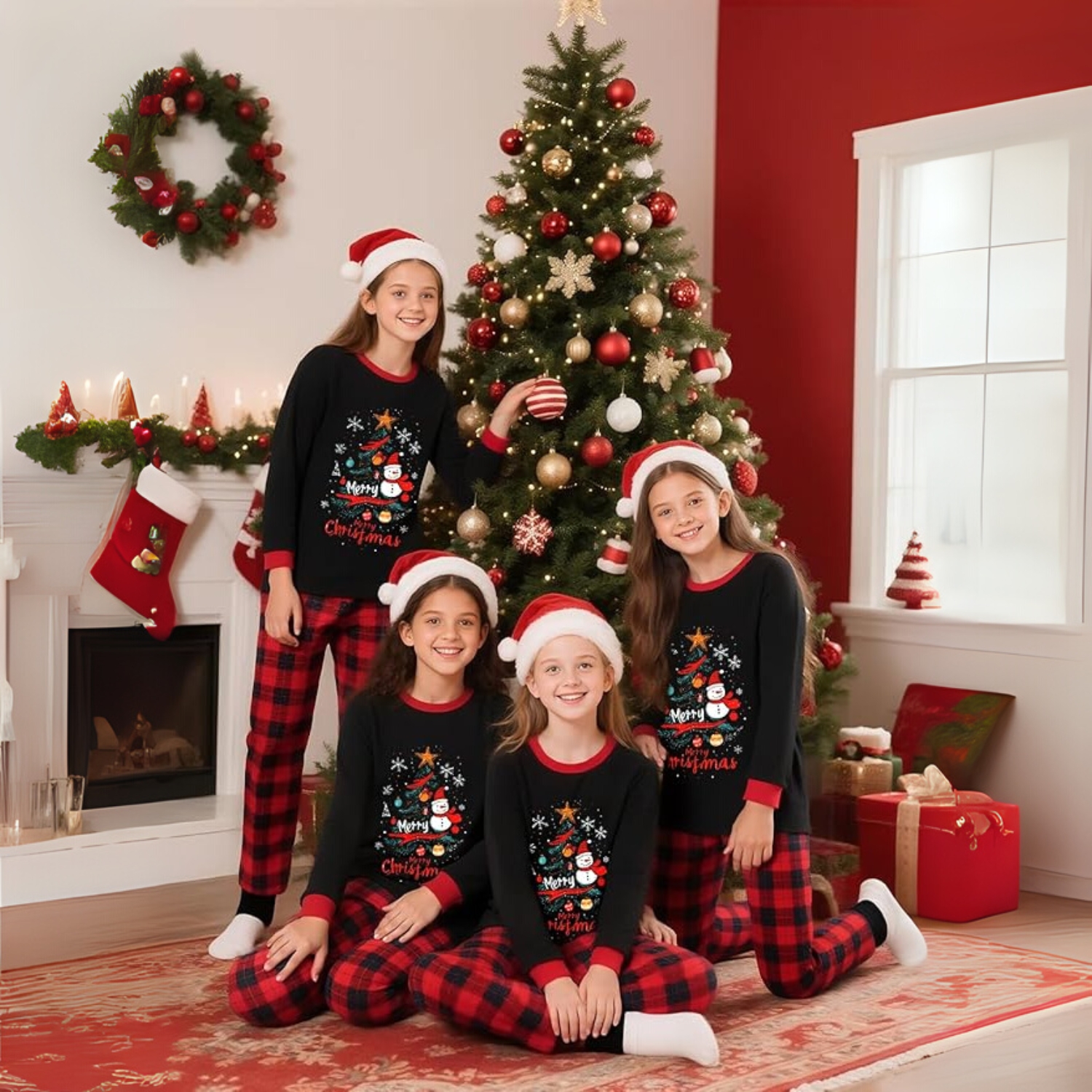 Snowman And Christmas Tree Printed Family Matching Plaid Pajama Set