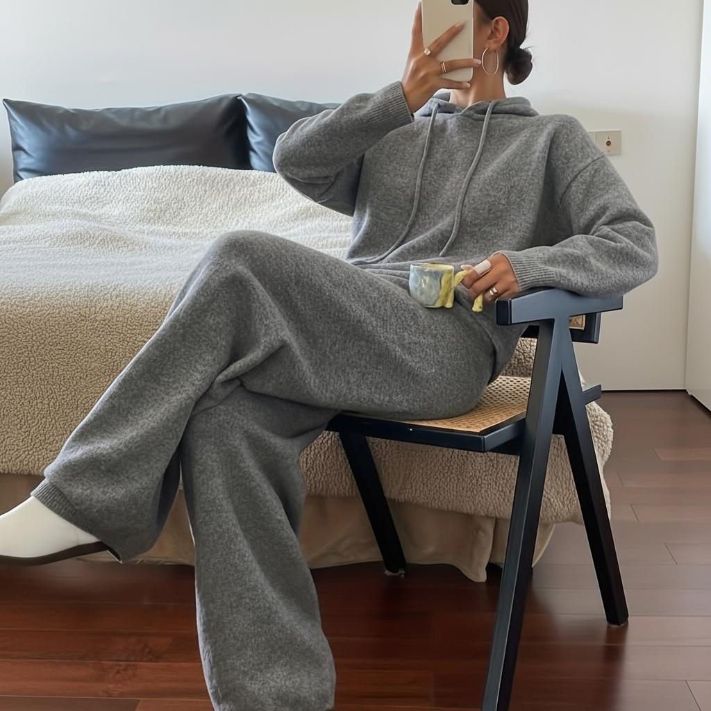 Solid Hooded Knit Top Pant Set