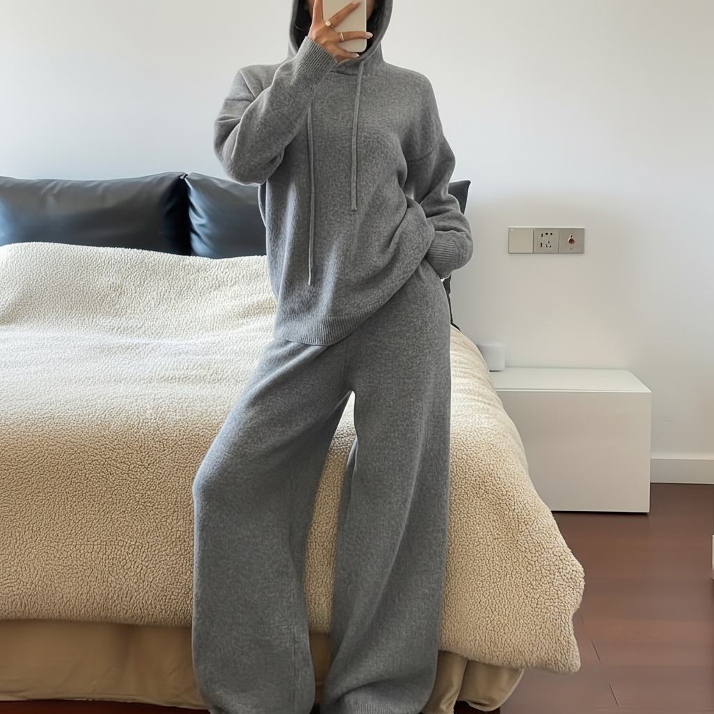 Solid Hooded Knit Top Pant Set