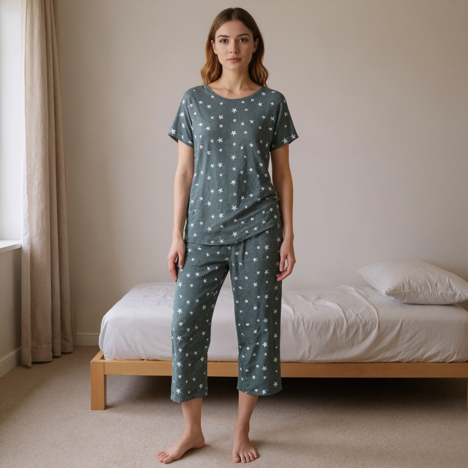 Starry Capri Pajama Set With Short Sleeve