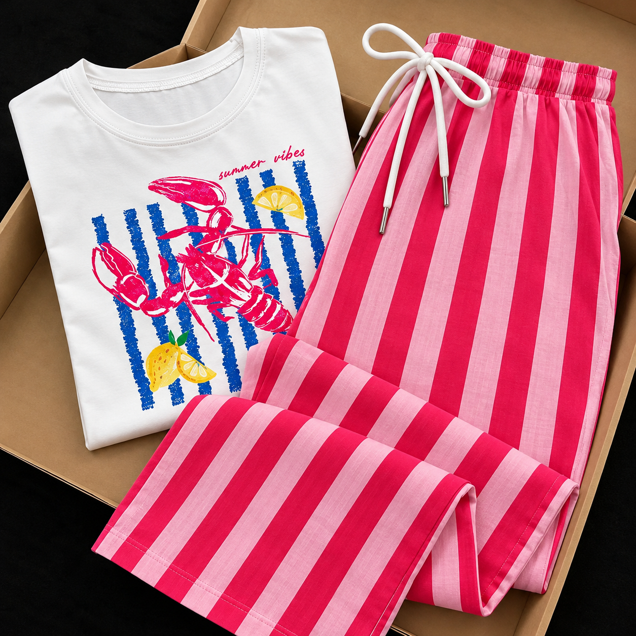 Striped Casual Short Sleeve Top And Pant Set For Women