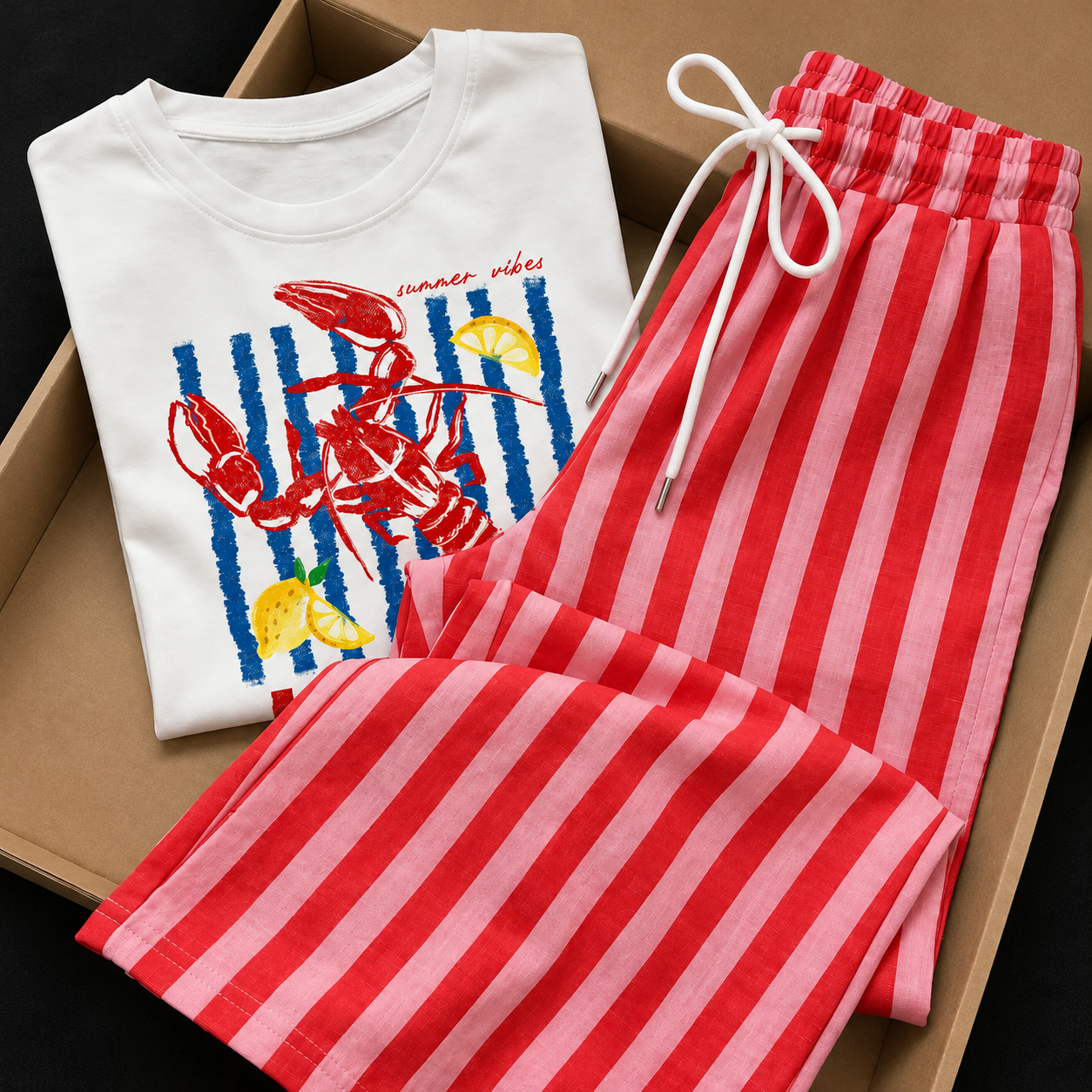 Striped Casual Short Sleeve Top And Pant Set For Women