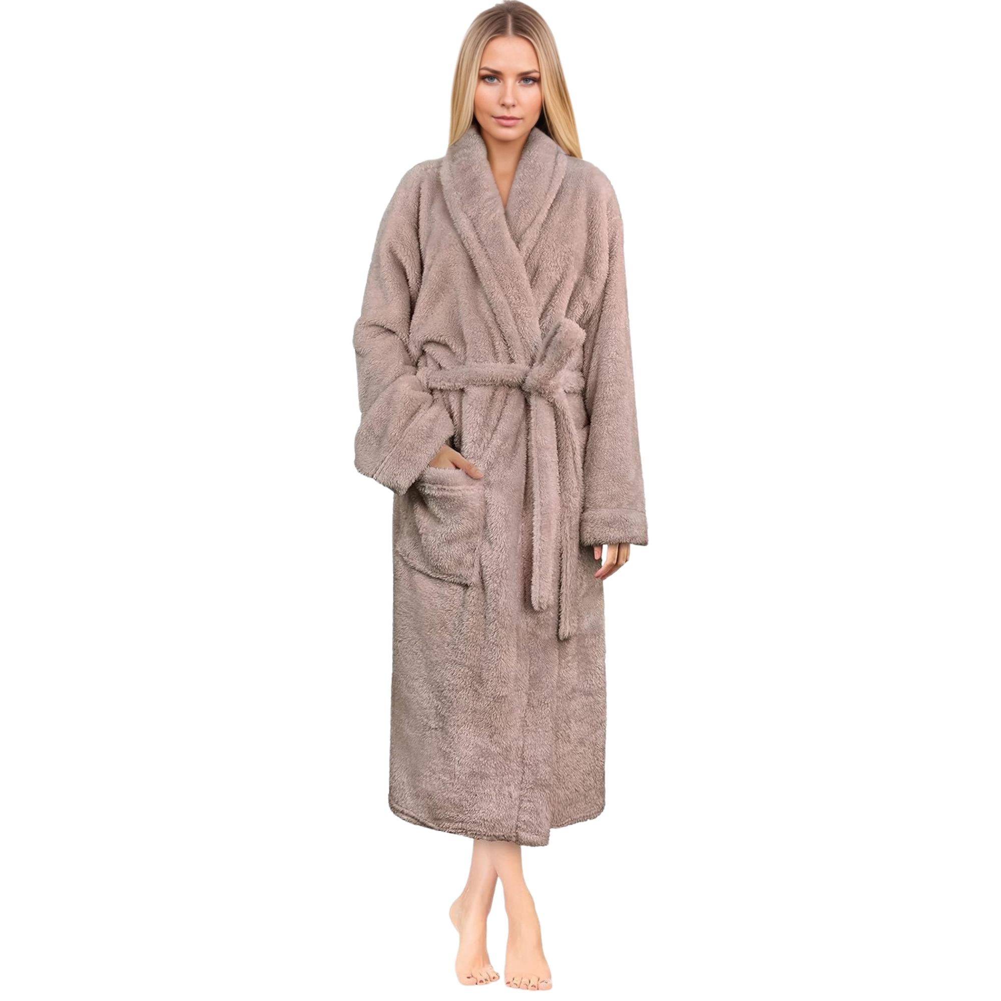 Plush Fleece Sherpa Style Long Bath Robe With Side Pockets For Women