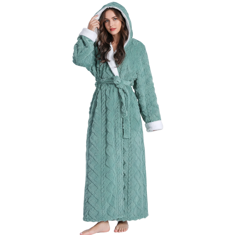 Long Hooded Fleece Bathrobe For Women