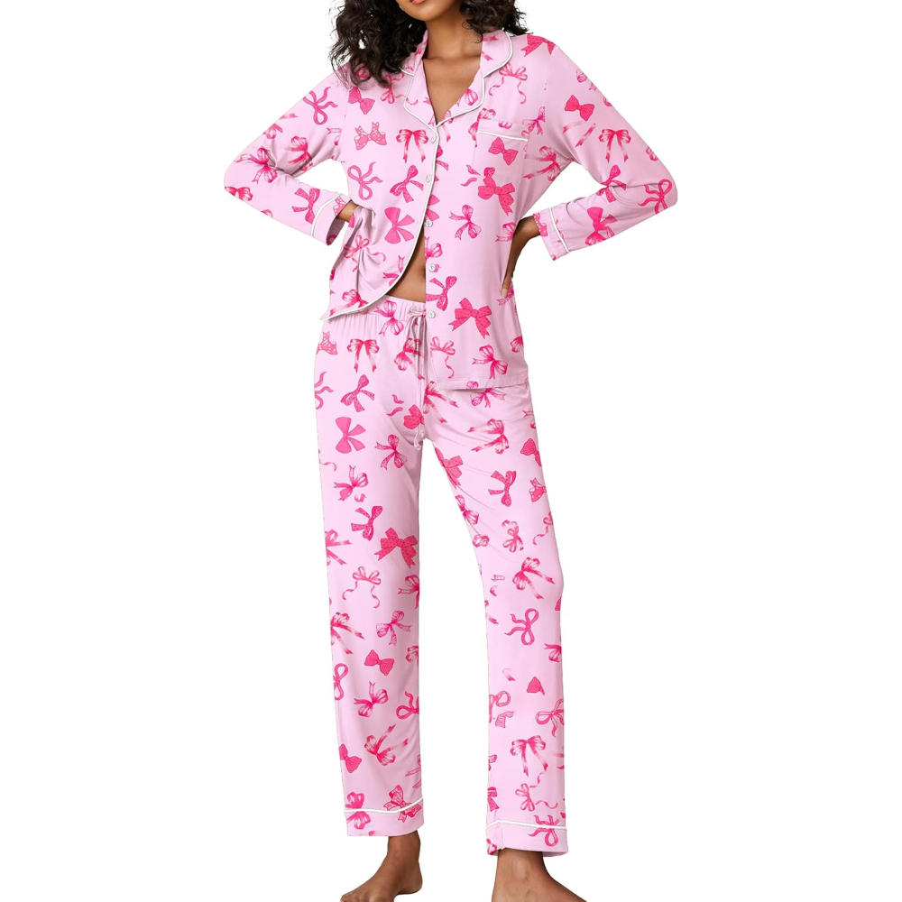 Two Piece Pajamas Set For Women With Long Sleeve Button Down Sleepwear