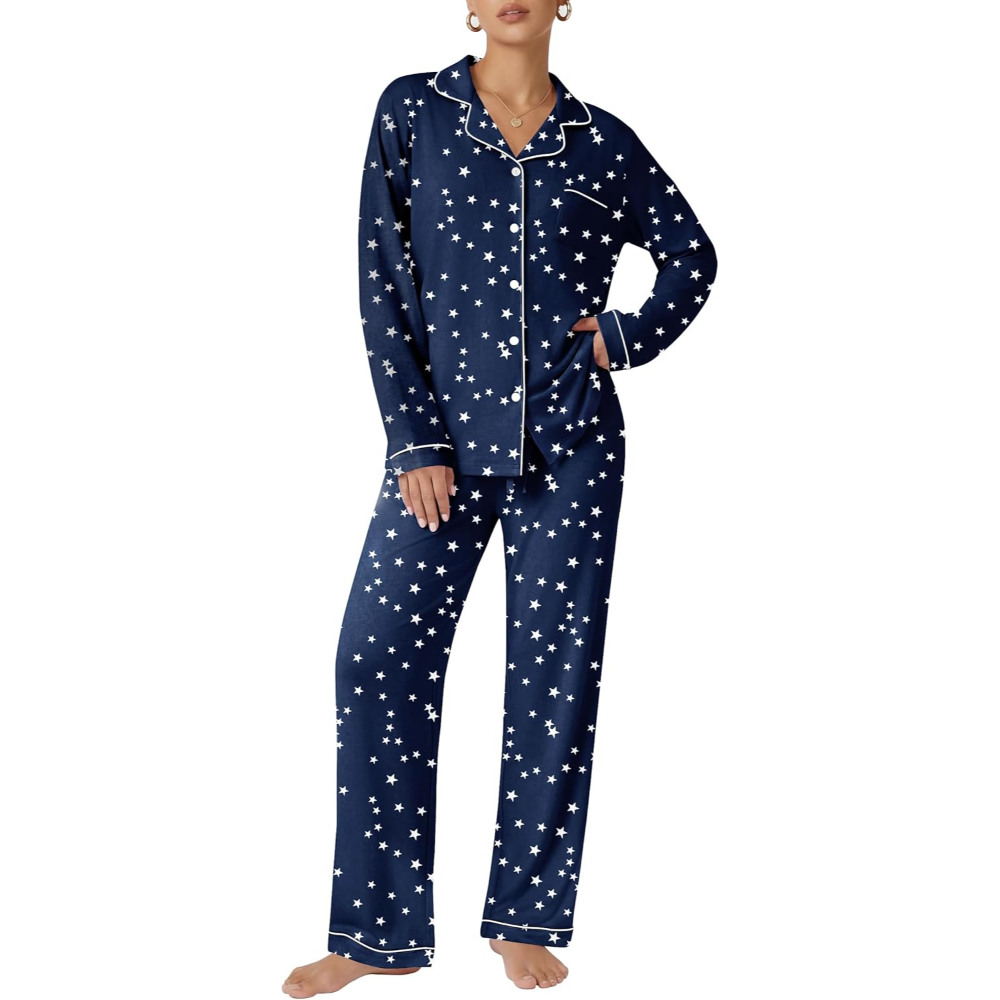 Two Piece Pajamas Set For Women With Long Sleeve Button Down Sleepwear