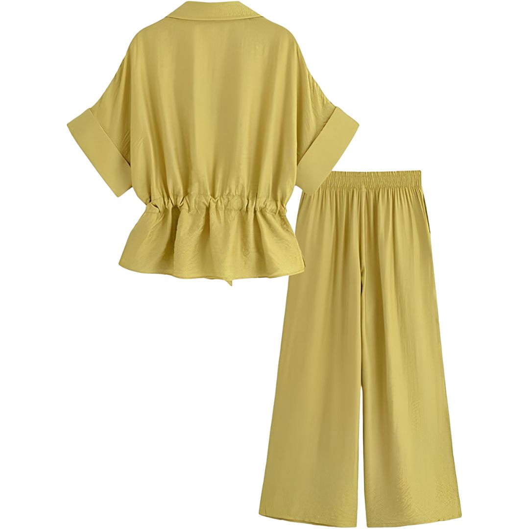 2 Piece Short Sleeve Safari Shirt With Zipper And Wide Fit Pants For Women