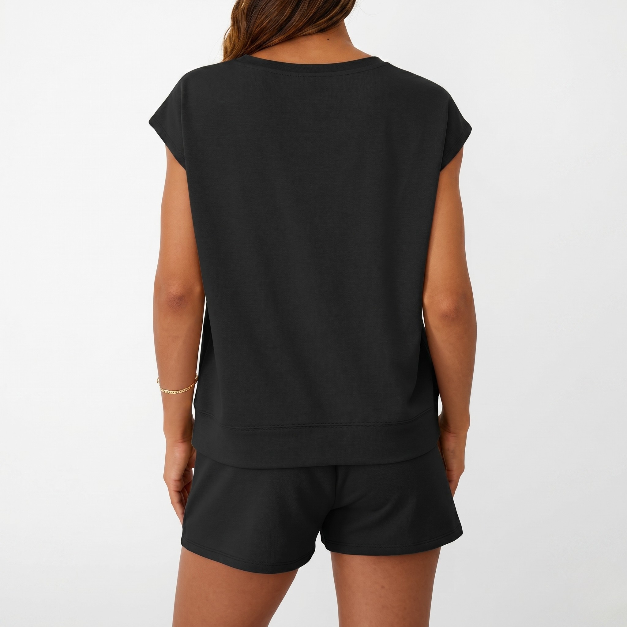 Two Piece Cap Sleeve Drawstring Short Set For Women
