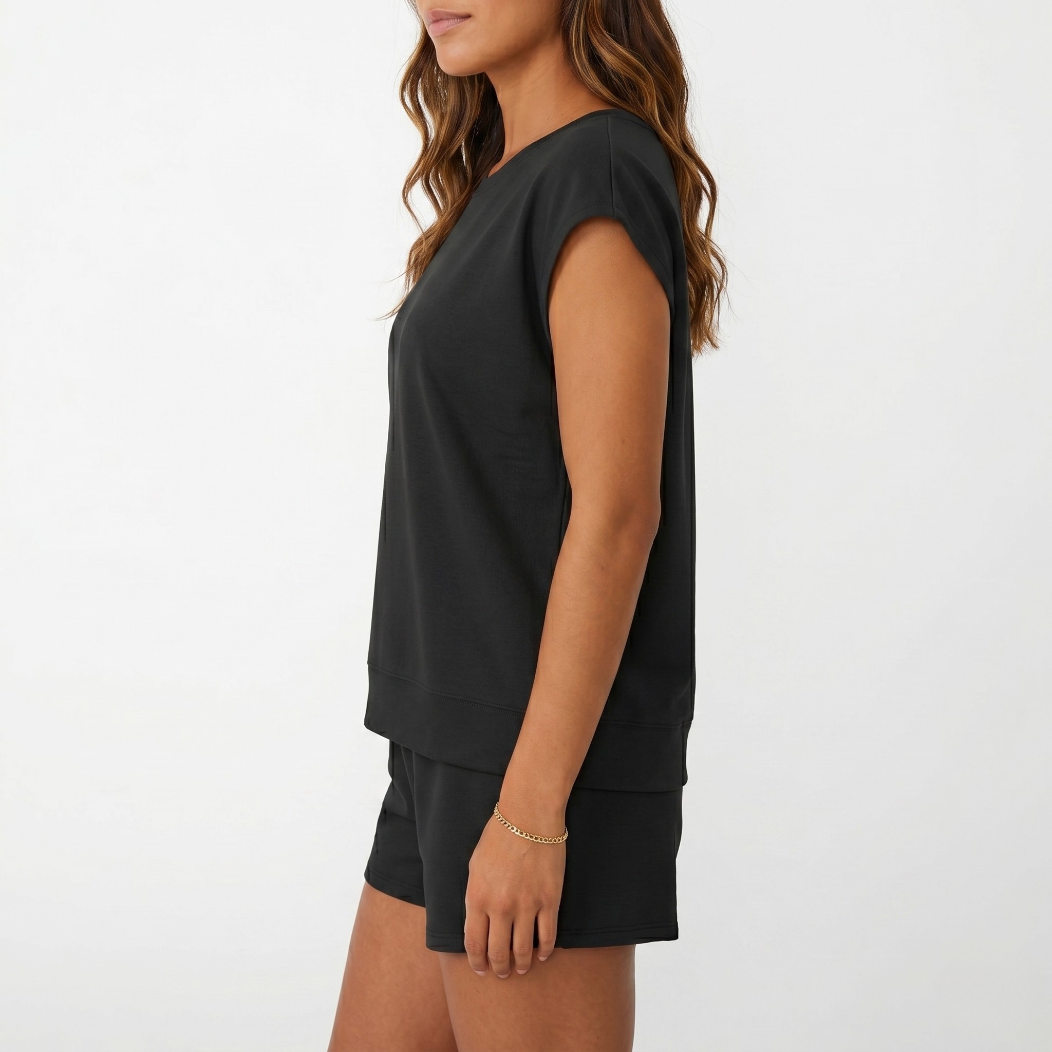 Two Piece Cap Sleeve Drawstring Short Set For Women