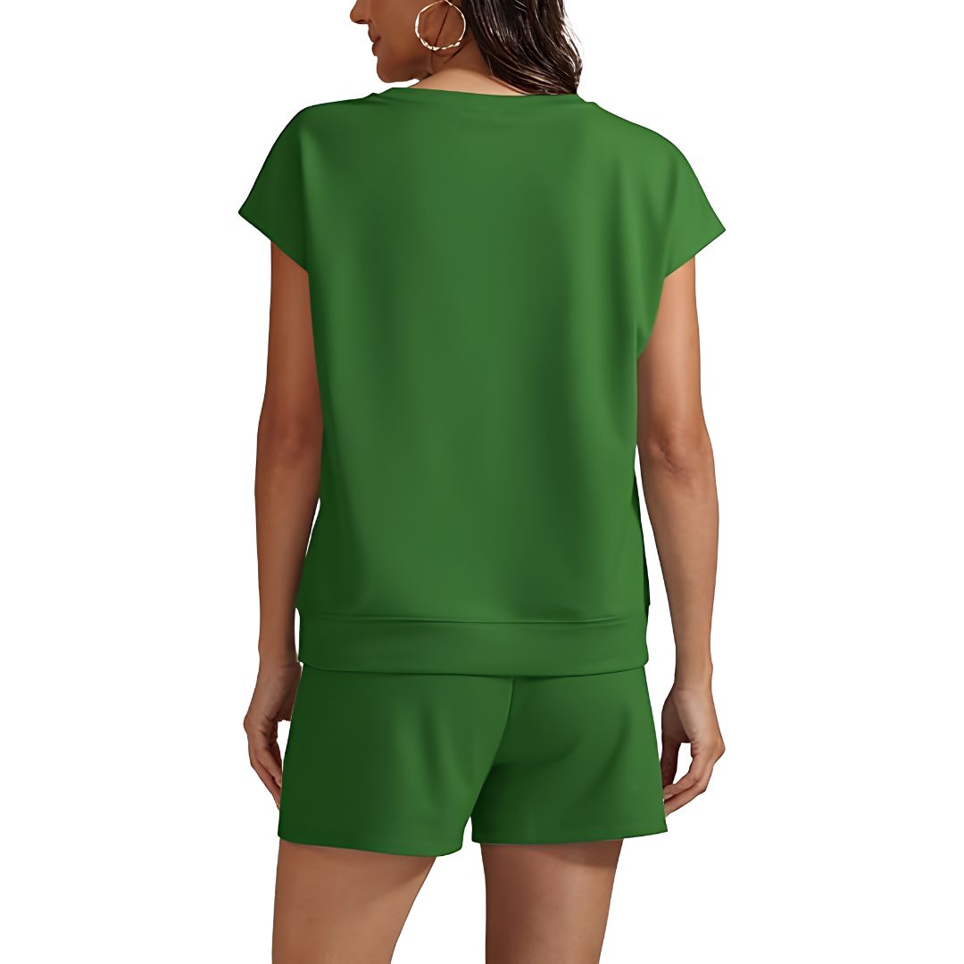 2 Piece Cap Sleeve Top And Short Sets With Pocket For Women
