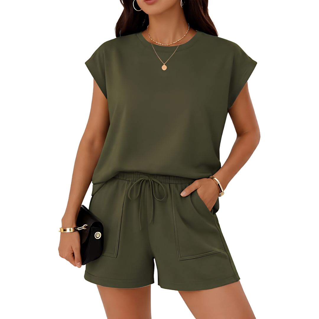 2 Piece Cap Sleeve Top And Short Sets With Pocket For Women