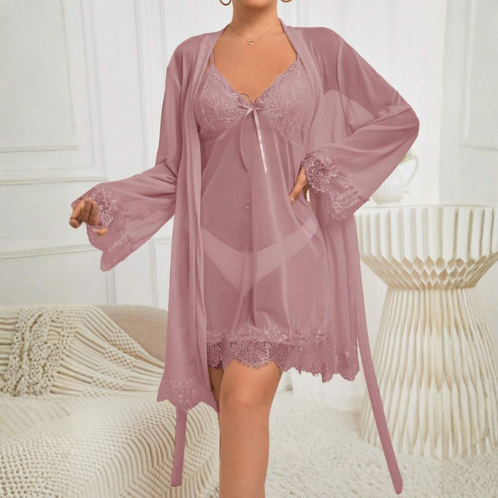 Contrast Lace Long Sleeve Robe And Camisole Sleepwear Set
