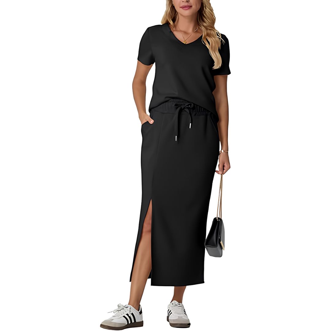 Casual 2 Piece Top And Midi Side Slit Skirt With Pockets For Women