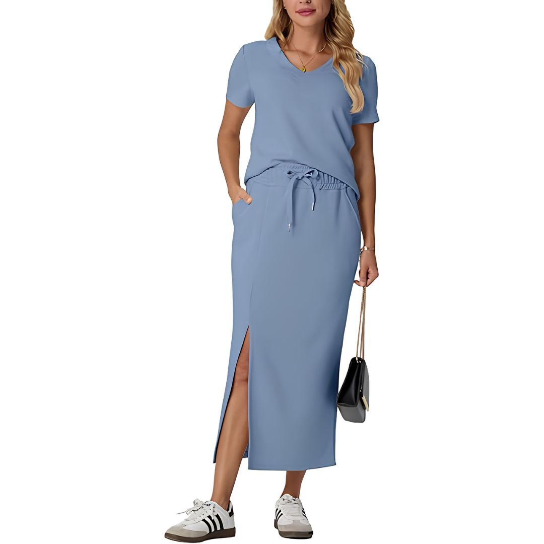 Casual 2 Piece Top And Midi Side Slit Skirt With Pockets For Women