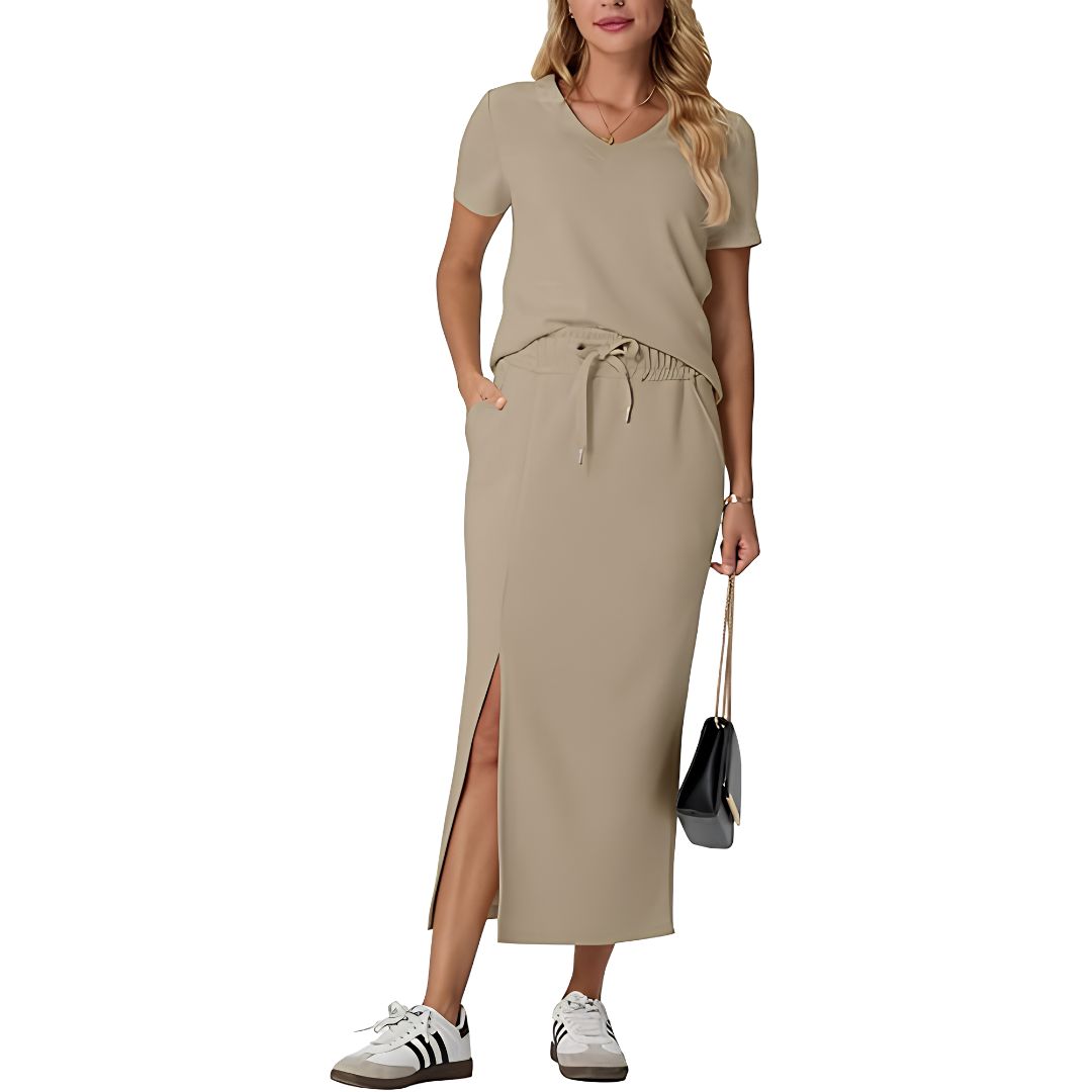 Casual 2 Piece Top And Midi Side Slit Skirt With Pockets For Women