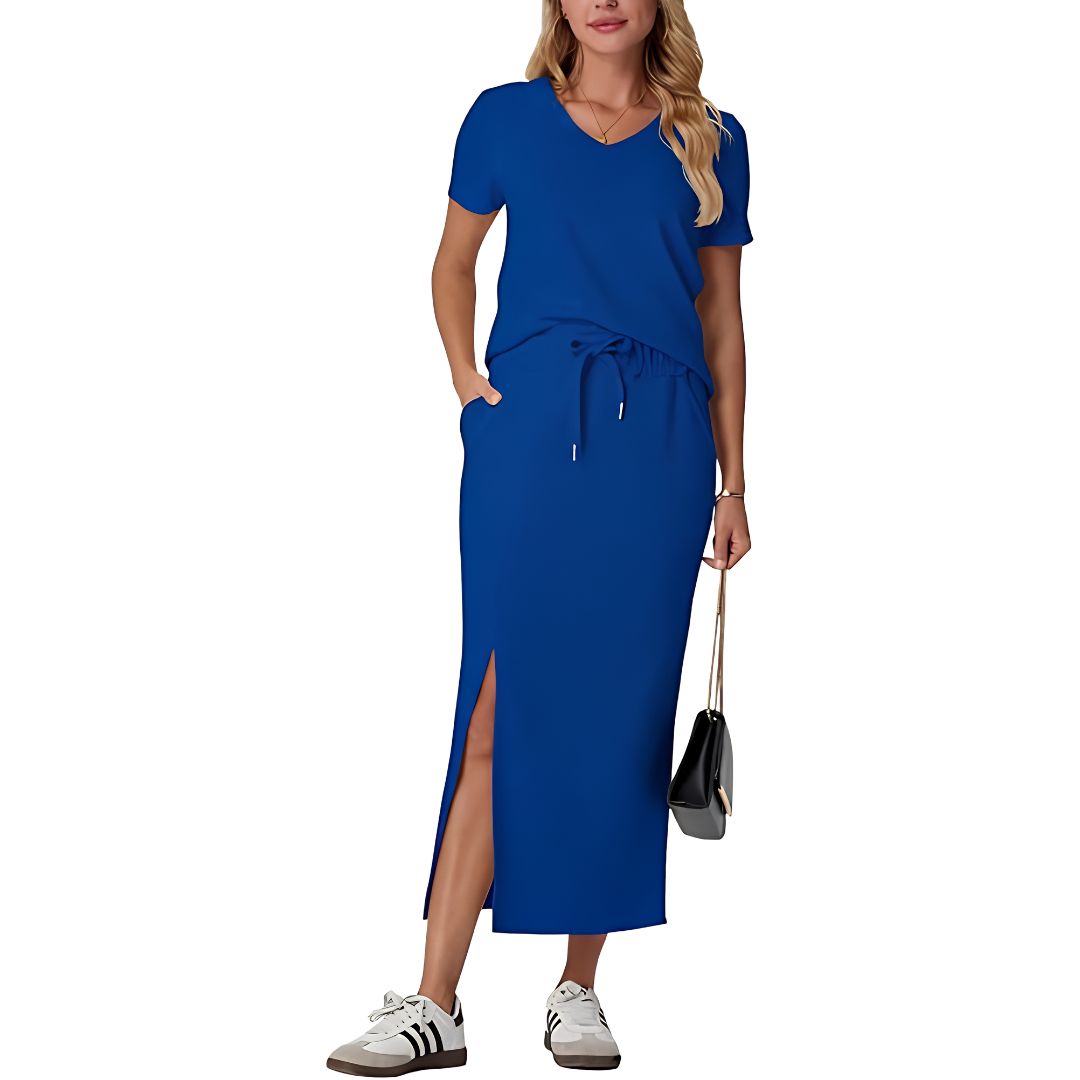 Casual 2 Piece Top And Midi Side Slit Skirt With Pockets For Women