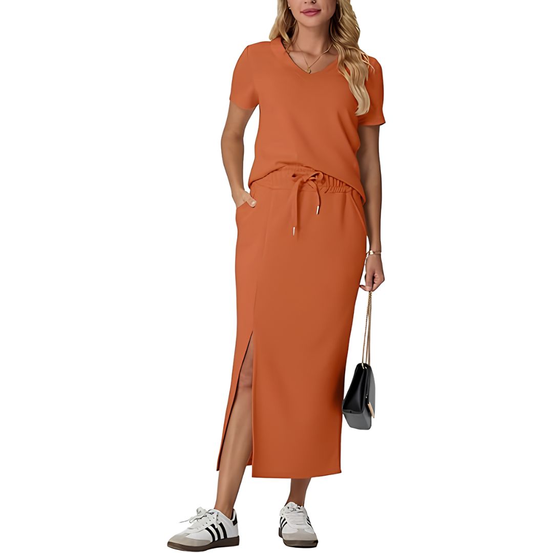 Casual 2 Piece Top And Midi Side Slit Skirt With Pockets For Women
