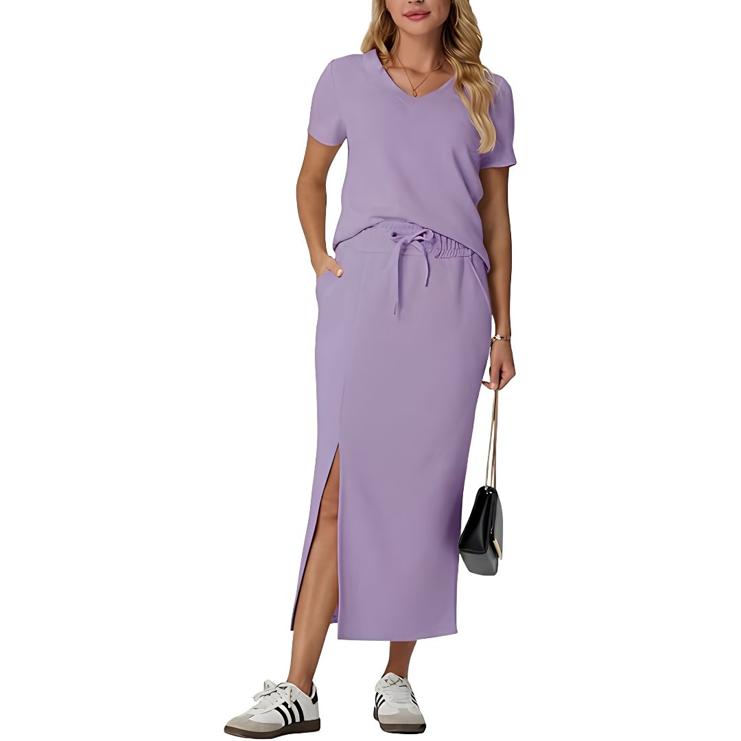 Casual 2 Piece Top And Midi Side Slit Skirt With Pockets For Women