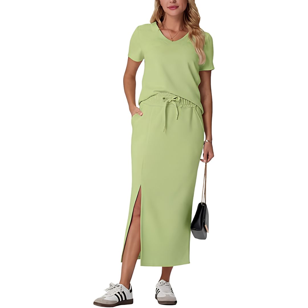 Casual 2 Piece Top And Midi Side Slit Skirt With Pockets For Women