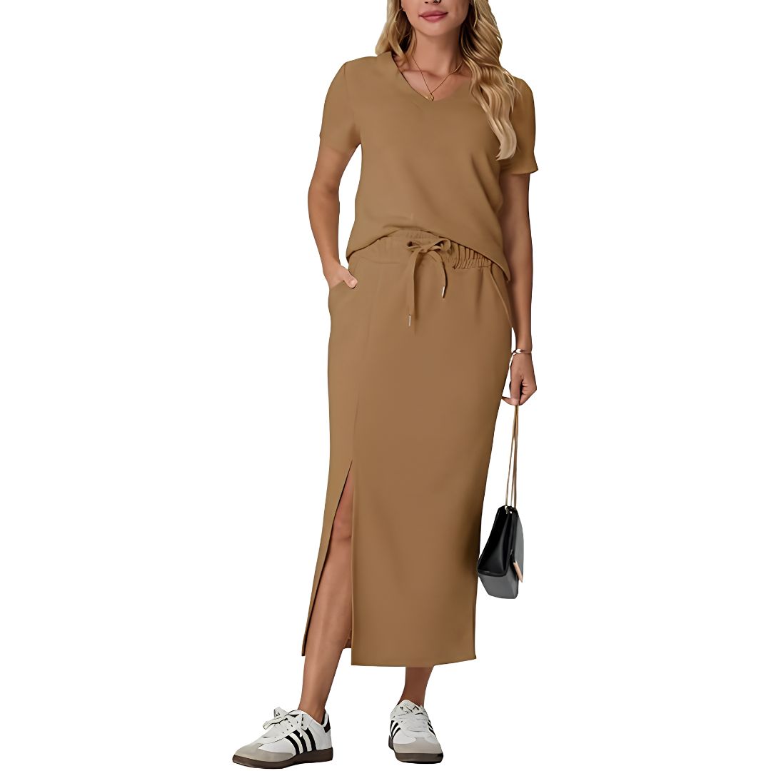 Casual 2 Piece Top And Midi Side Slit Skirt With Pockets For Women
