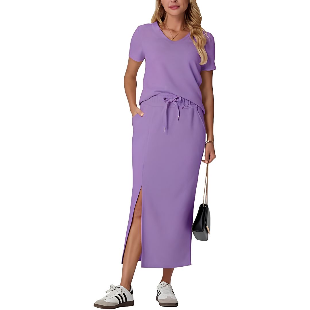 Casual 2 Piece Top And Midi Side Slit Skirt With Pockets For Women