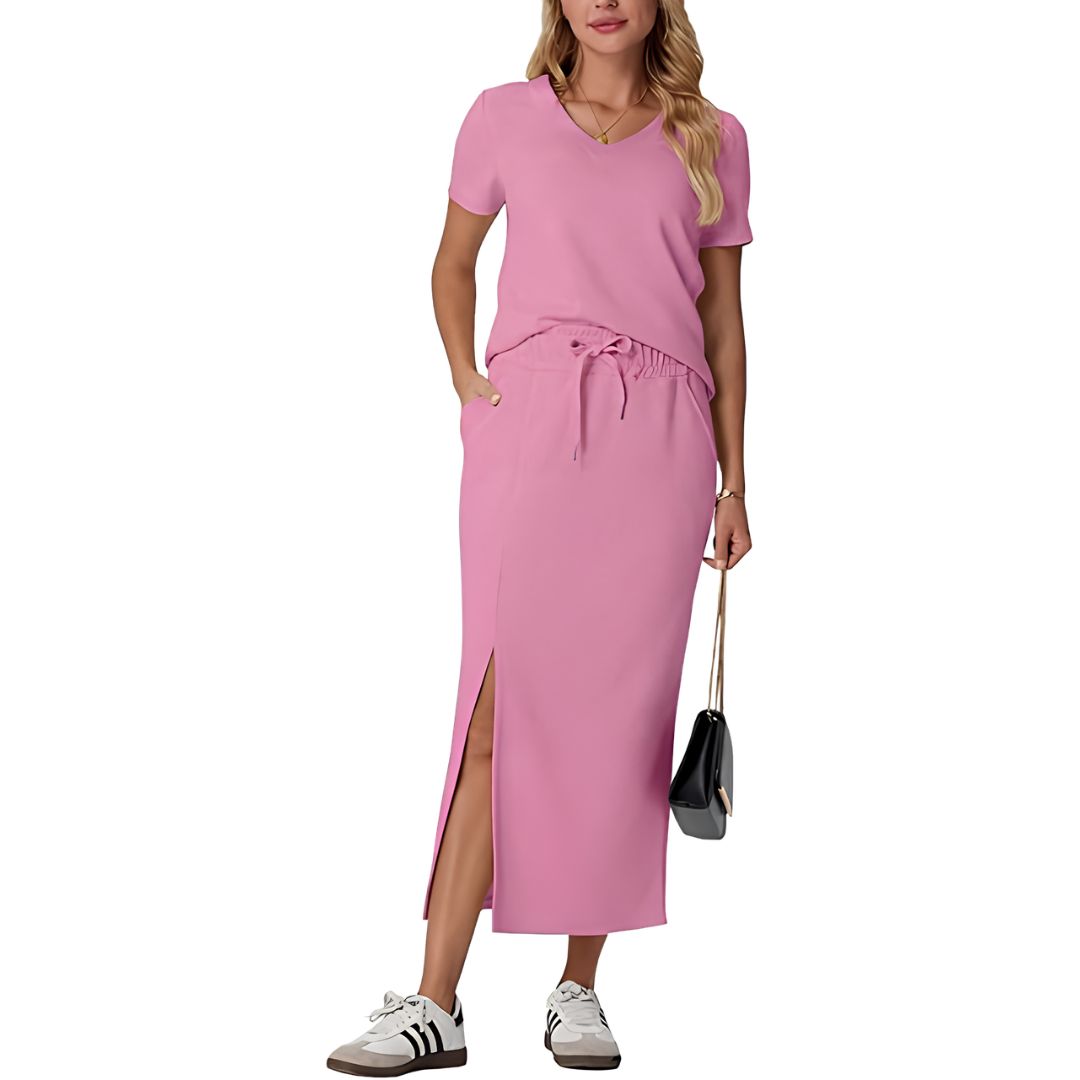 Casual 2 Piece Top And Midi Side Slit Skirt With Pockets For Women