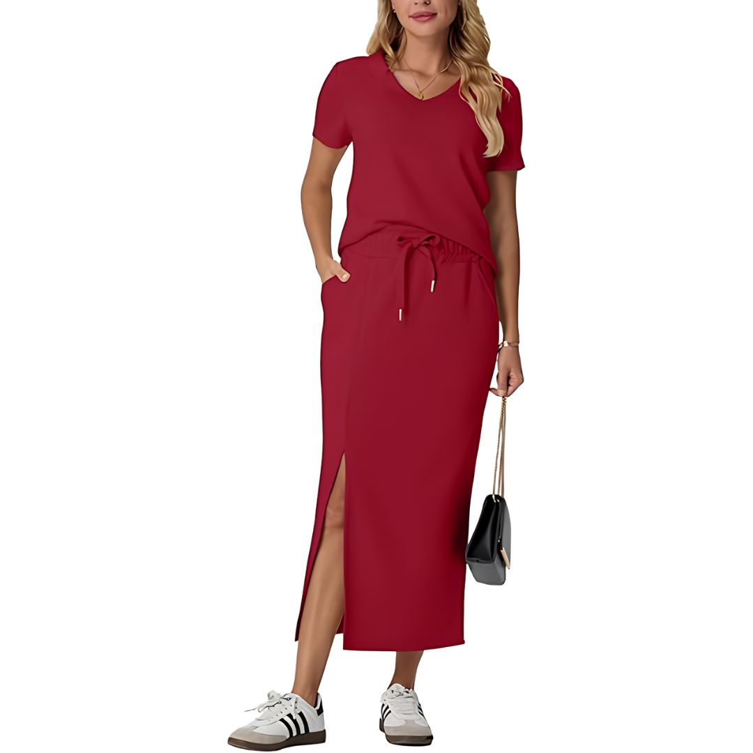 Casual 2 Piece Top And Midi Side Slit Skirt With Pockets For Women