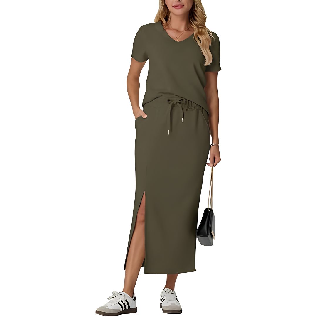 Casual 2 Piece Top And Midi Side Slit Skirt With Pockets For Women