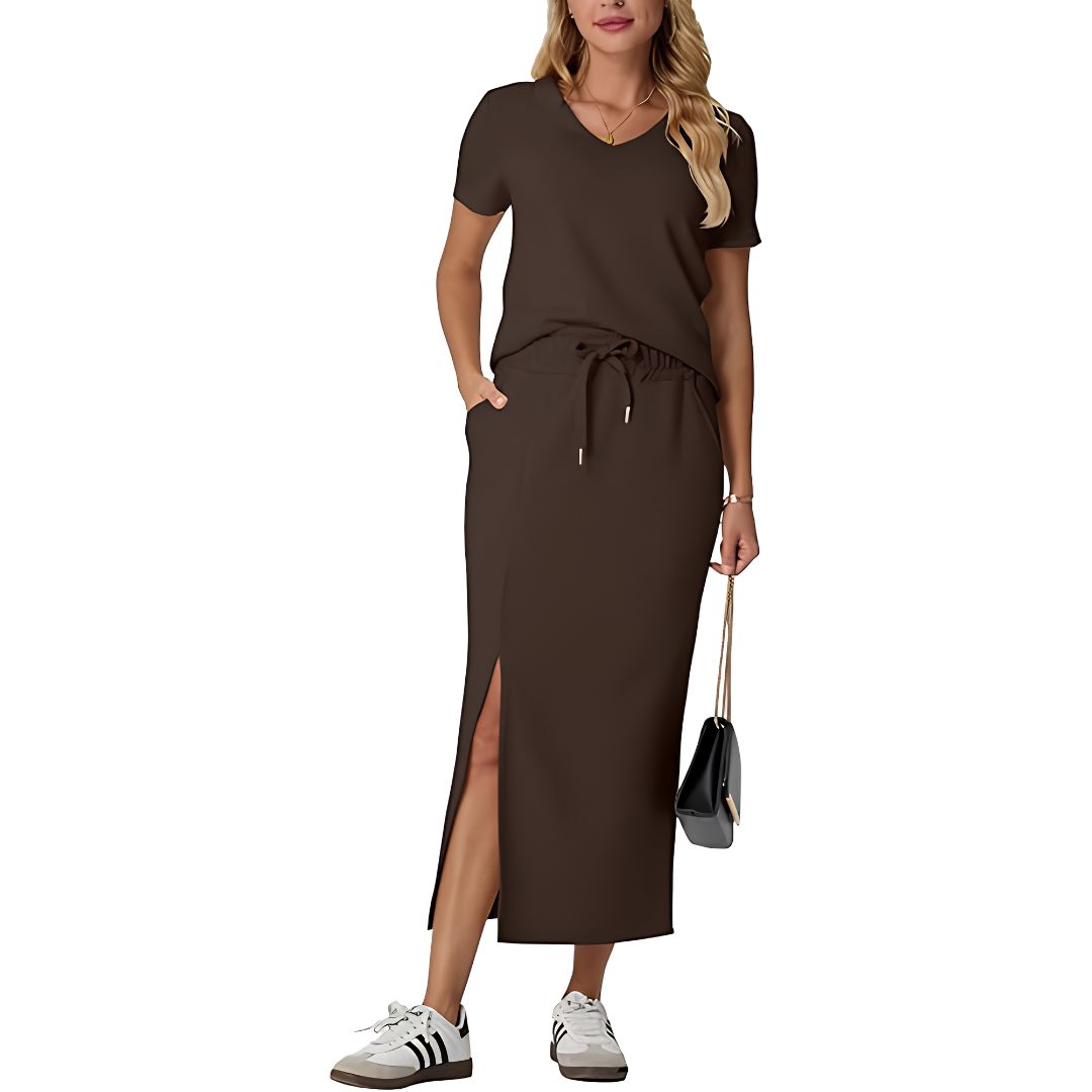 Casual 2 Piece Top And Midi Side Slit Skirt With Pockets For Women