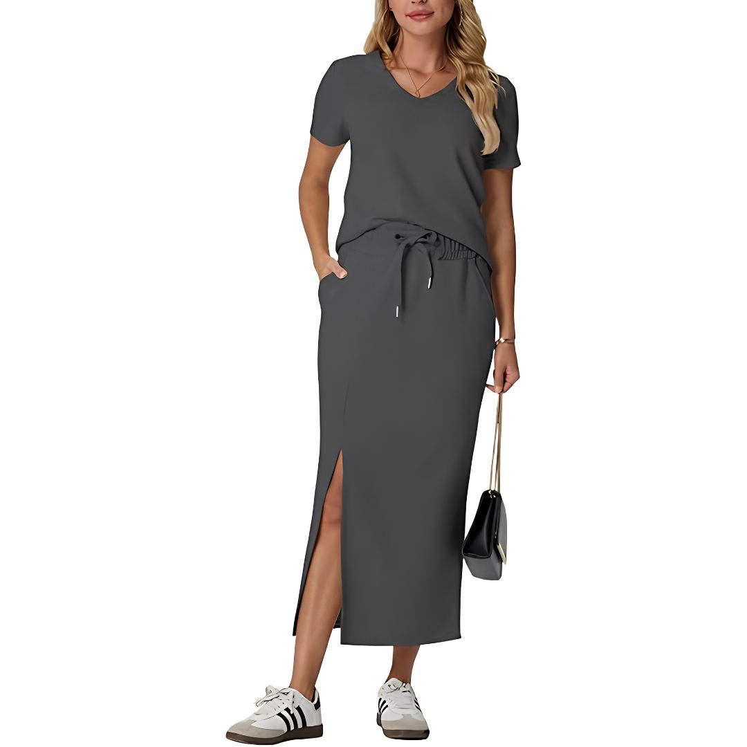 Casual 2 Piece Top And Midi Side Slit Skirt With Pockets For Women