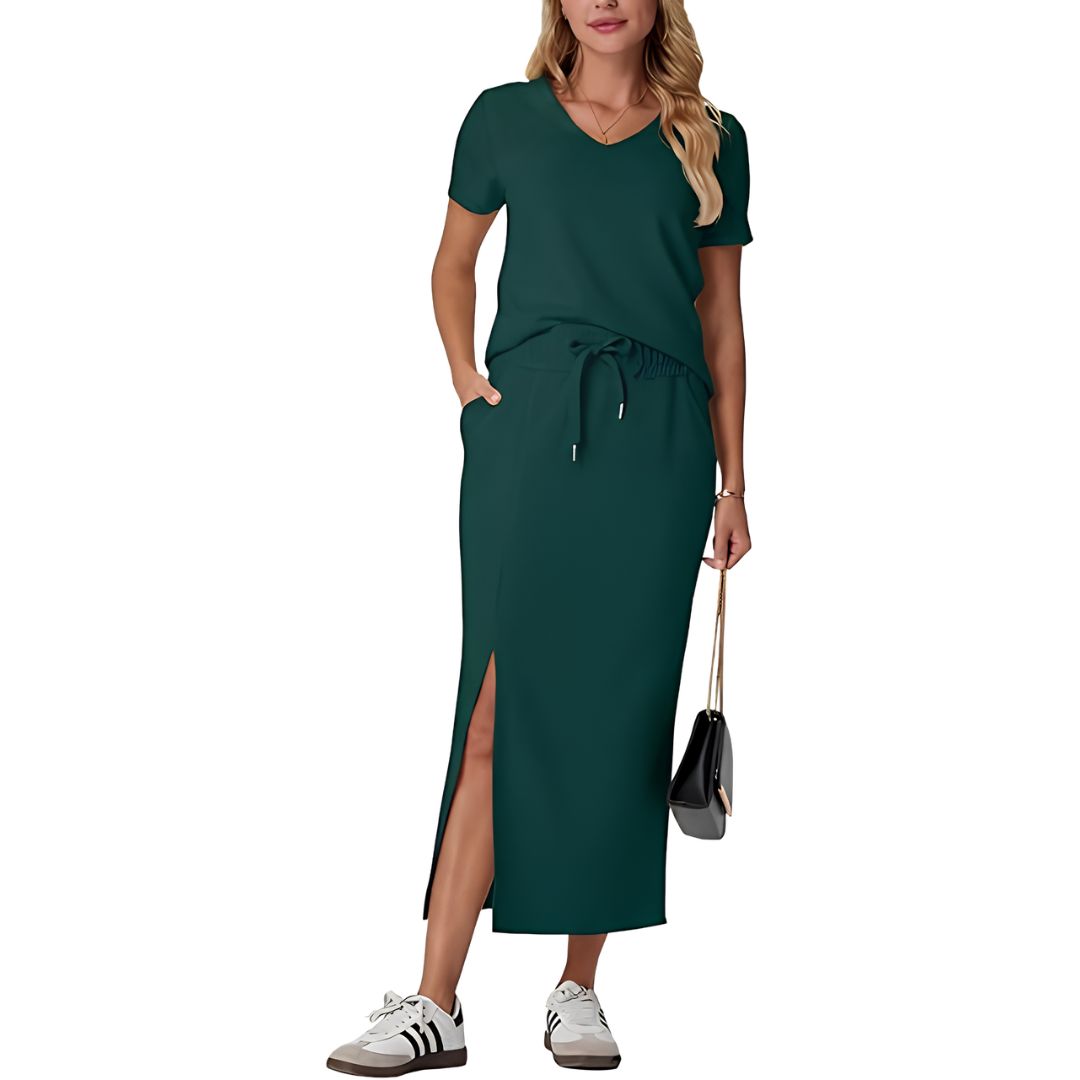Casual 2 Piece Top And Midi Side Slit Skirt With Pockets For Women