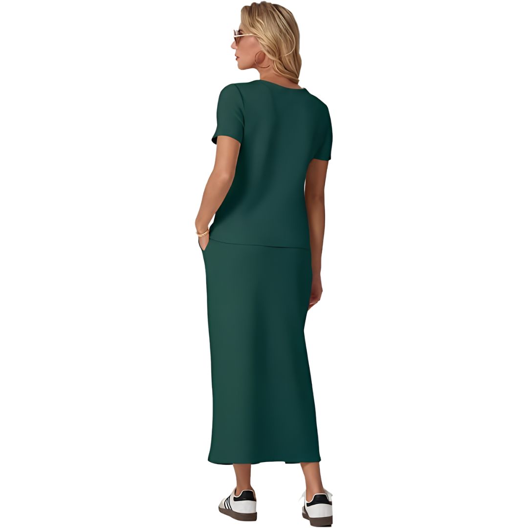 Casual 2 Piece Top And Midi Side Slit Skirt With Pockets For Women
