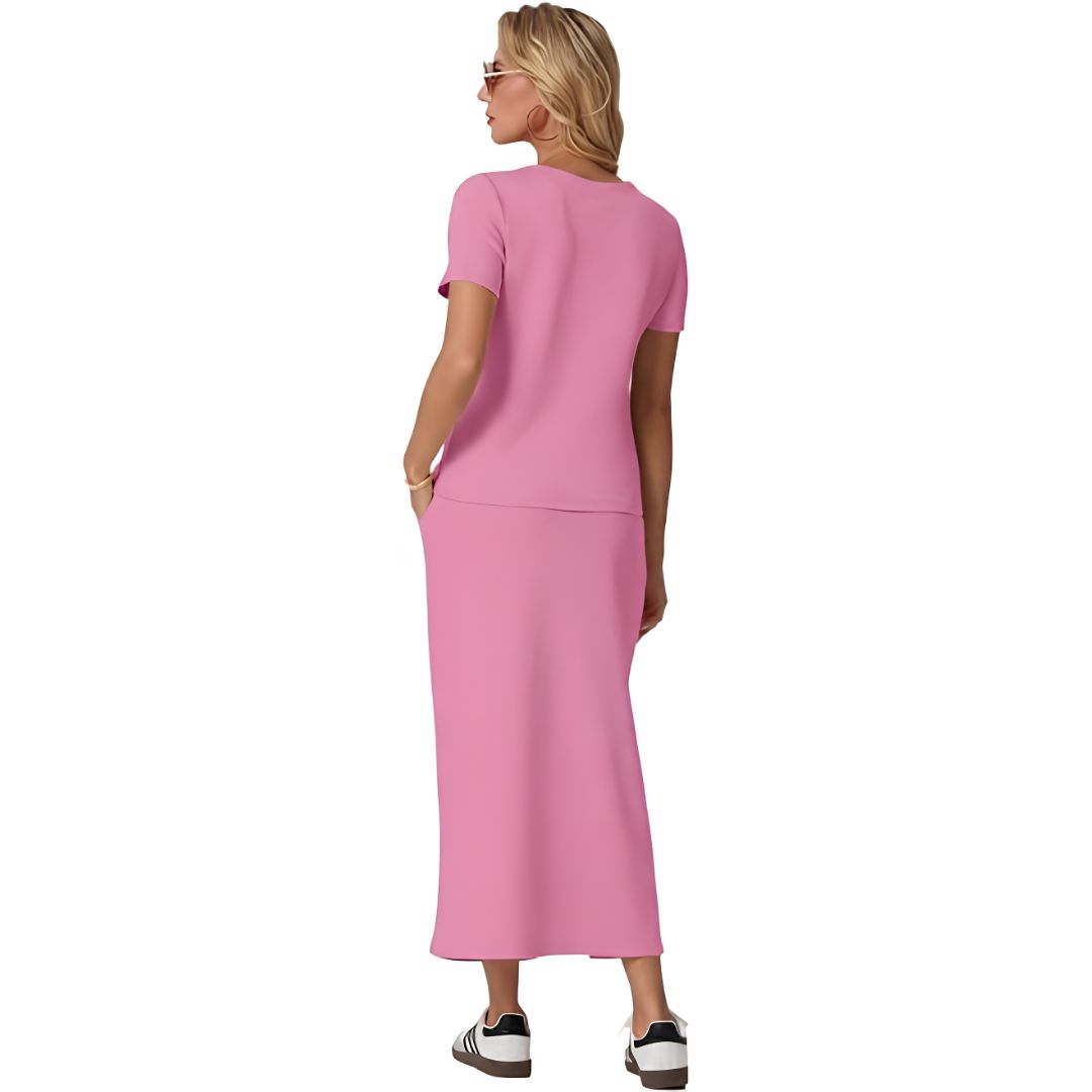 Casual 2 Piece Top And Midi Side Slit Skirt With Pockets For Women