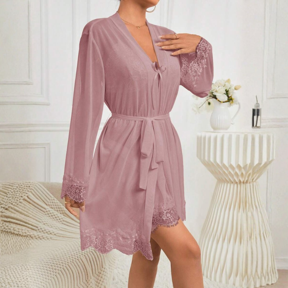 Contrast Lace Long Sleeve Robe And Camisole Sleepwear Set